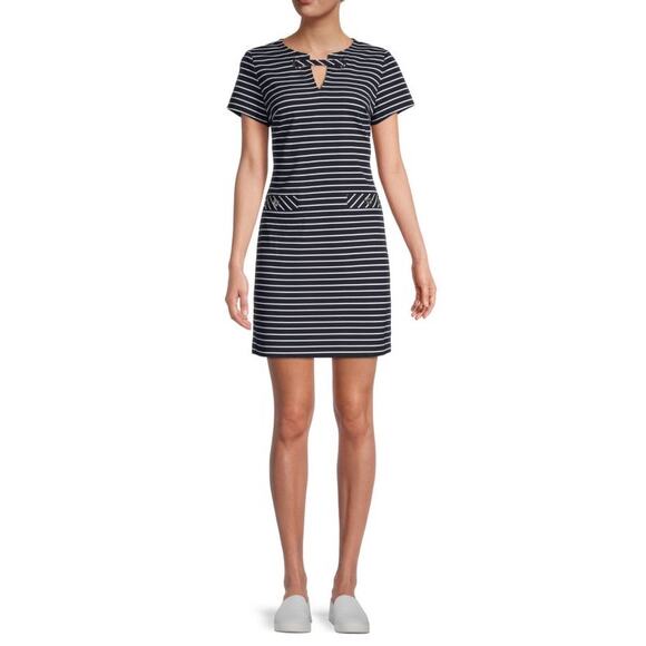 Tommy Hilfiger Women's Blue Striped Short Sleeve Split Neck Mini Sheath Dress 2 - Picture 1 of 7